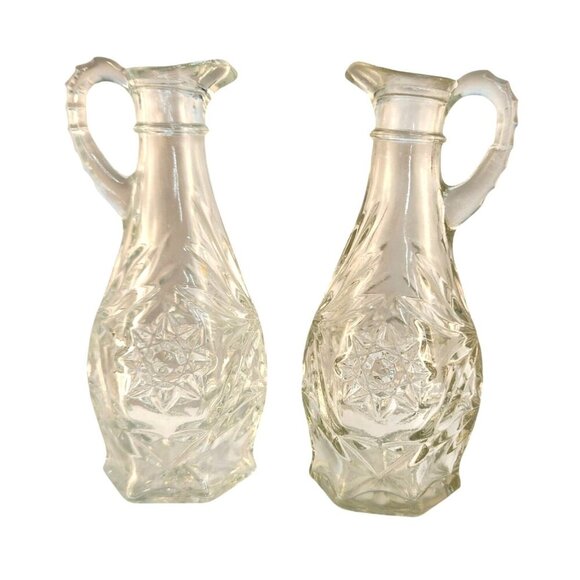 Vintage 1960S Pressed Glass Star Design Vinegar & Oil Cruet Set Clear Crystal He - Picture 8 of 8